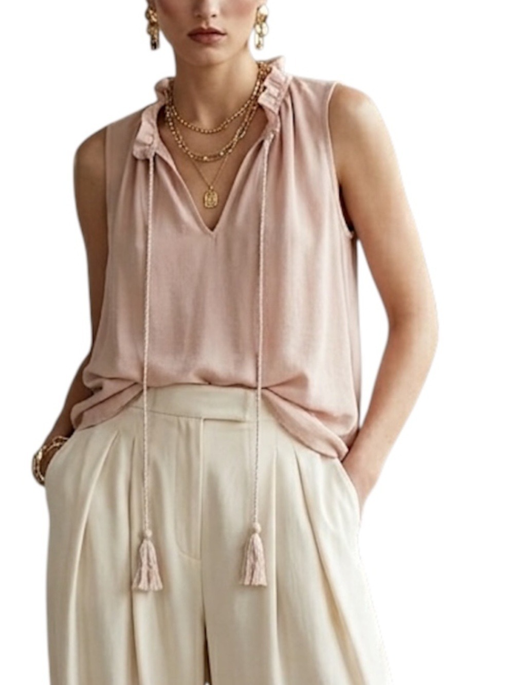 Romantic sheer chiffon muted pink ruffle minimalist old money sleeveless top S